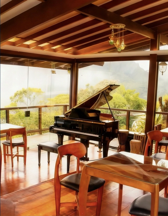 Sala real com piano e vista para as montanhas